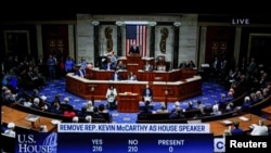 A motion to vacate the chair of House Speaker Kevin McCarthy and the end to his continued leadership as Republican Speaker of the House is passed as shown in this frame grab taken from a live C-SPAN television broadcast shot at the U.S. Capitol in Washington, Oct. 3, 2023.