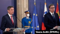 Slovenian President Borut Pahor with Serbian President Aleksandar Vucic at a meeting in Belgrade 