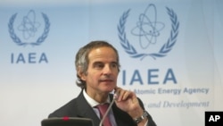 FILE - In this Monday, March 9, 2020 file photo, Director General of International Atomic Energy Agency, IAEA, Rafael Mariano Grossi from Argentina, addresses the media during a news conference after a meeting of the IAEA board of governors at the…