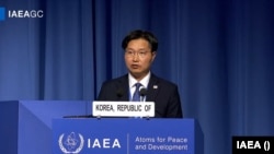 구혁채 한국 과학기술정보통신부 제1차관이 15일 오스트리아 빈에서 열린 제70차 IAEA 정기총회에서 연설하고 있다.