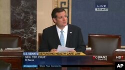 In an image made from the C-Span broadcast, Senator Ted Cruz continues to speak on the floor of the U.S. Senate at 5:21 a.m. EDT on Wednesday, September 25, 2013. 