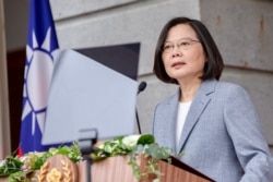 FILE - Taiwan's President Tsai Ing-wen speaks in Taipei, in this handout picture taken May 20, 2020, by the Taiwan Presidential office.