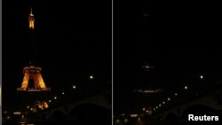 Gambar Menawa Eiffel yang gelap selama Earth Hour di Paris, 25 Maret 2017. Pada Sabtu (30/3/2019), lampu-lampu di seluruh dunia dimatikan pada pukul 8.30 malam untuk menarik perhatian dunia pada isu perubahan iklim.