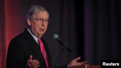 U.S. Senate Majority Leader Mitch McConnell speaks at the Republican Party of Kentucky's Lincoln Dinner in Louisville, Kentucky, Aug. 26, 2017.