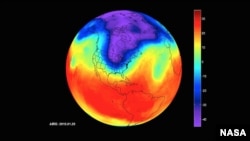 NASA's Atmospheric Infrared Sounder (AIRS) instrument captures a polar vortex moving from Central Canada into the U.S. Midwest from January 20 through January 29, 2019. (NASA/JPL-Caltech AIRS Project)