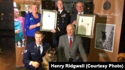 In a ceremony on Jan. 15, 2018 in London, Ayron, a U.S. military working dog based in Britain, accepted the PDSA Dickin Medal award on Chips’ behalf.