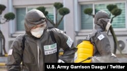 지난해 4월 한국 대구에서 미군과 한국군 방역요원들이 신종 코로나바이러스 합동 방역 작업을 하고 있다.