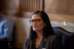 FILE - Rep. Deb Haaland, D-NM, looks on during a hearing on her nomination to be Interior Secretary on Capitol Hill in Washington, Feb. 23, 2021.