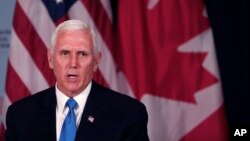 U.S. Vice President Mike Pence speaks during a bilateral meeting with Canada's Prime Minister Justin Trudeau, at the Summit of the Americas in Lima, Peru, April 14, 2018.