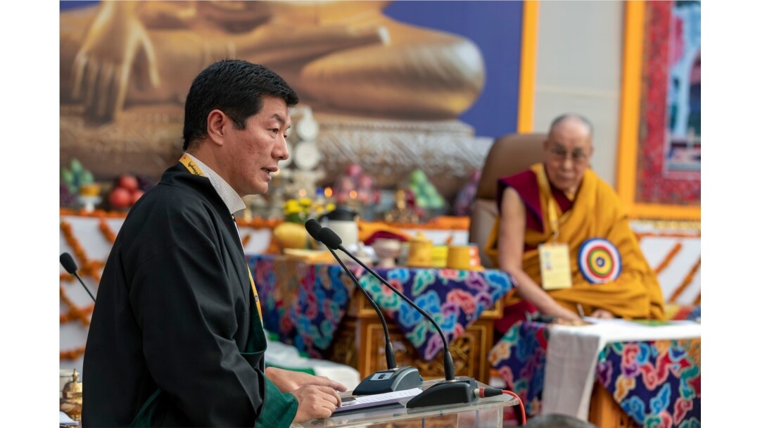 FILE - Tibetan spiritual leader the Dalai Lama, right, listens to Lobsang Sangay, president of the Tibetan government-in-exile, during an event at the Kirti Monastery in Dharmsala, India, Dec. 7, 2019.