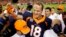 FILE - Peyton Manning celebrates his 509th career touchdown in Denver, Oct. 19, 2014. A Dec. 27, 2015, investigative documentary alleges Manning used performance-enhancing drugs. He denies the claims.