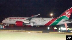 FILE — Kenya Airways Boeing 787 Dreamliner prepares to take off from Jomo Kenyatta International airport, in Nairobi, on October 28, 2018. 