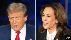 Foto Konbinezon: Donald Trump (a goch) epi Kamala Harris (a dwat). 