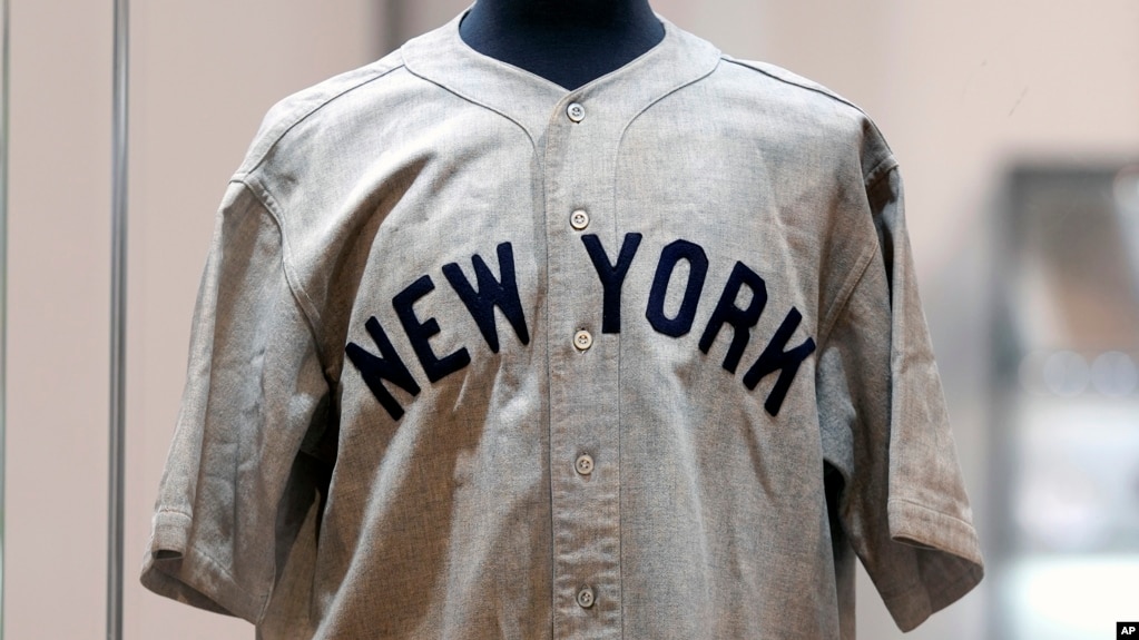 The jersey Babe Ruth wore in the 1932 World Series game in which he "called his shot" is displayed at Heritage Auction in Irving, Texas, on Aug. 21, 2024. The jersey could sell for as much as $30 million.