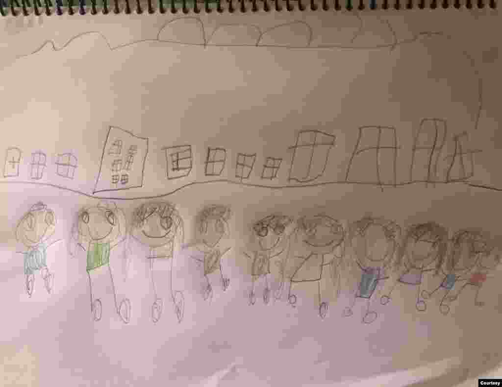 Alexandra Padr&#243;n, de 5 a&#241;os, refleja en su dibujo que desea ver de nuevo a su ciudad unida, donde todos sus habitantes puedan estar en las calles como estaban antes.