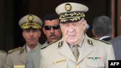 Le ministre français de la Défense, Jean-Yves Le Drian (à gauche), s'est entretenu avec le chef d'état-major algérien Ahmed Gaid Salah à son arrivée à l'aéroport international Houari-Boumediene d'Alger, le 20 mai 2014.