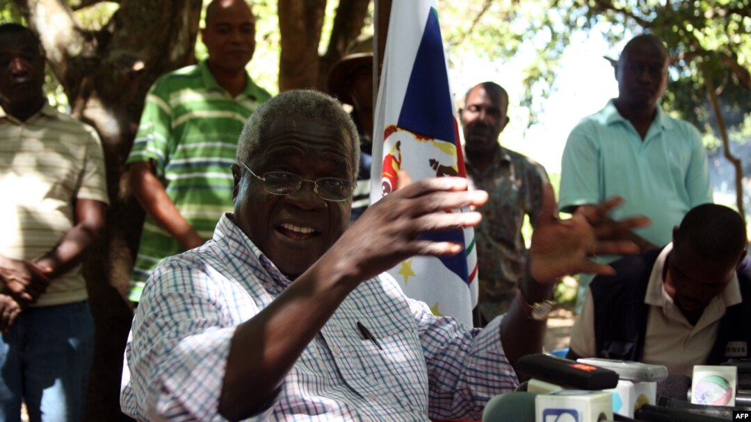 FILE - Renamo's Afonso Dhlakama gives a press conference in Gorongosa's mountains, Mozambique, , April 10, 2013. 