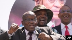 FILE — Former South African president, Jacob Zuma, sings and dances after addressing his supporters of the UMkhonto WeSizwe, (MK) party outside the High court in Johannesburg, South Africa, April 11, 2024. 