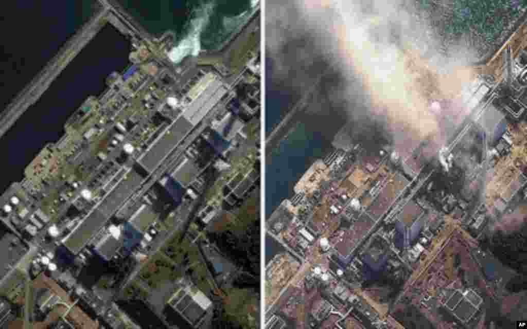 A combination of handout satellite images show the Fukushima Daiichi nuclear plant on November 21, 2004 (L) and on March 14, 2011 (R) as the No.3 nuclear reactor is burning after a blast following an earthquake and tsunami – (Reuters)