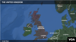 Map of United Kingdom showing London.