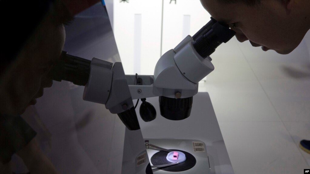 北京国际科技产品展览会上，参观者通过显微镜观看一个电脑芯片。(photo:VOA)