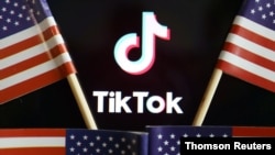 Ilustración del logo de TikTok rodeado de banderas de Estados Unidos.