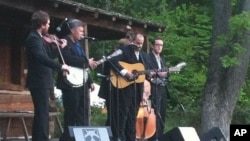 The Gibson Brothers performing on the Cabin Stage at Merlefest 2010