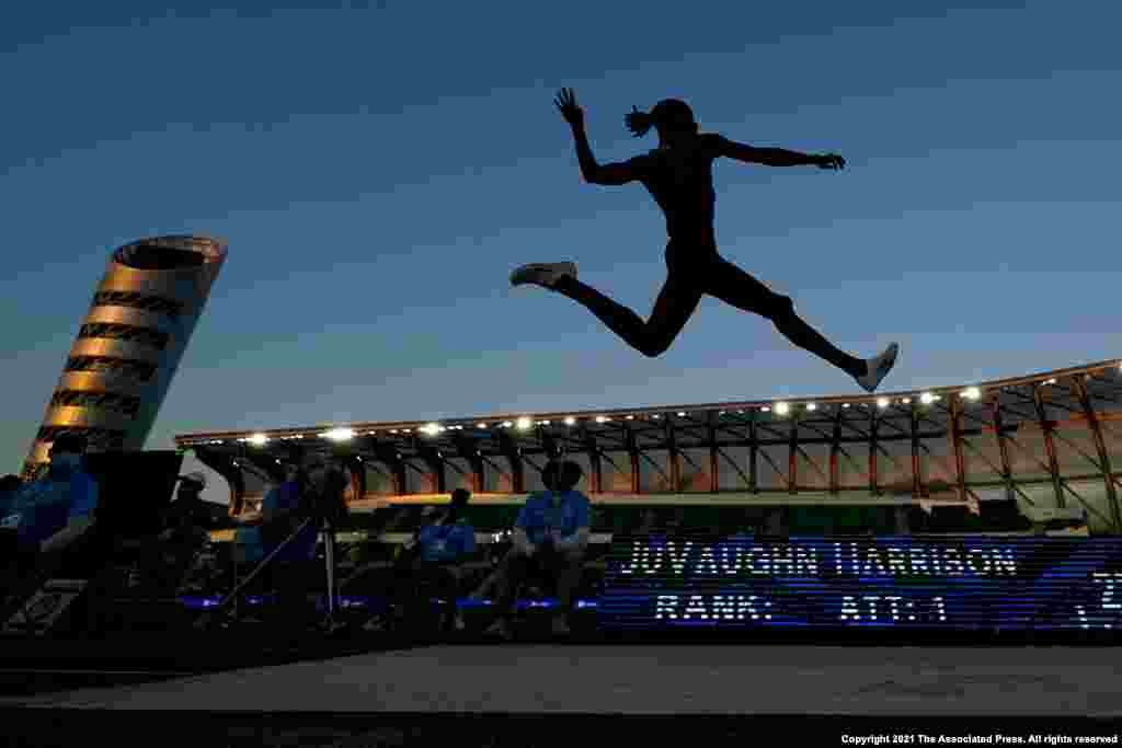 JuVaughn Harrison competes during the finals of the men's long jump at the U.S. Olympic Track and Field Trials, June 27, 2021, in Eugene, Oregon.