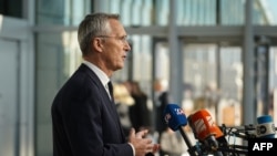 NATO Secretary-General Jens Stoltenberg gives a statement ahead of a Nato Foreign ministers meeting at the organization's headquarters in Brussels, on Nov. 28, 2023.