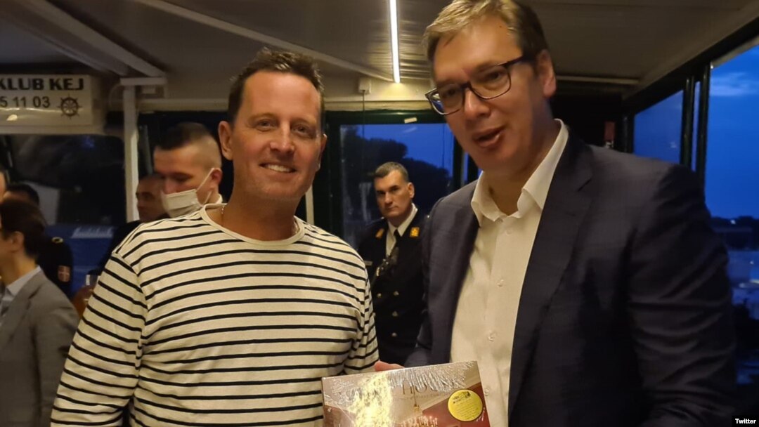 Specijalni izaslanik za dijalog Ričard Grenel i predsednik Srbije Aleksandar Vučić na večeri (izvor: Tviter @predsednikrs)