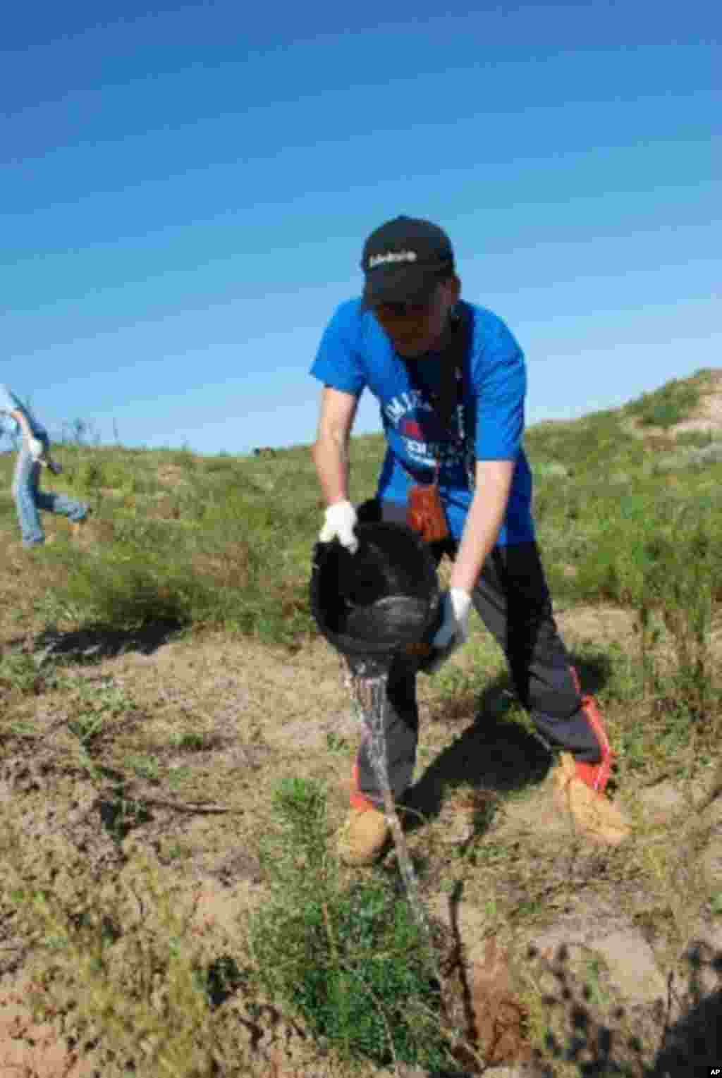 義工正在灌溉剛種下的樹苗