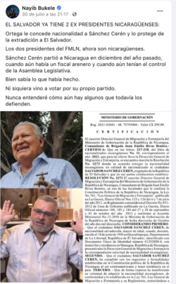 Publicación en Facebook del presidente de El Salvador, Nayib Bukele, sobre la nacionalización nicaragüense del expresidente Salvador Sánchez Cerén.