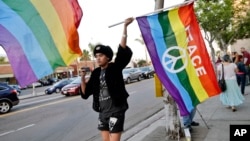 FILE - Bryan Kimpton, a supporter of the School Success and Opportunity Act (AB1266) waves a flag while celebrating at a rally organized by San Diego LGBTQ rights organizations Canvass for a Cause, SAME Alliance, and Black and Pink.