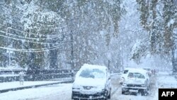 Cars covered in snow drive along a road in Srinagar, Nov. 7, 2019. 