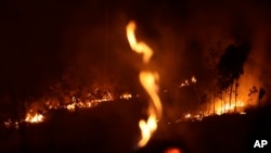 A fire burns in highway margins in the city of Porto Velho, Rondonia state, part of Brazil's Amazon, Sunday, Aug. 25, 2019. 