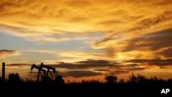 Pompa angguk minyak di sebuah ladang minyak di Karnes, Texas setelah dilanda badai, 5 Juni 2017. (Foto: dok) 