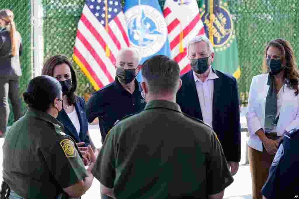 Vice President Kamala Harris talks to Gloria Chavez, Chief Patrol Agent of the El Paso Sector, as she tours the U.S. Customs and Border Protection Central Processing Center, June 25, 2021, in El Paso, Texas.