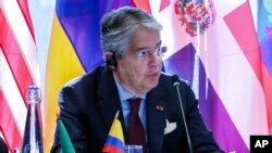 El presidente de Ecuador, Guillermo Lasso, habla en el evento "Democracy Delivers" de USAID en el Centro para la Justicia Social de la Fundación Ford, el miércoles 20 de septiembre de 2023, en Nueva York, al margen de la 78.ª Asamblea General de las Naciones Unidas.