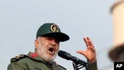Chief of Iran's Revolutionary Guard Gen. Hossein Salami speaks at a pro-government rally denouncing last week’s violent protests over a fuel price hike, in Tehran, Nov. 25, 2019. 