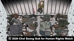 국제인권단체 휴먼라이츠워치(Human Rights Watch)는 19일 '북한의 끔찍한 미결구금제도' 보고서를 발간했다. 사진은 구류장에 수감된 구금자들이 비좁은 공간에서 잠을 자고 있는 모습을 묘사한 보고서 그림. ⓒ 2020 Choi Seong Guk for Human Rights Watch.