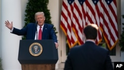 President Donald Trump speaks during a news conference in the Rose Garden of the White House, July 14, 2020, in Washington.
