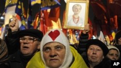Supporters of the Ukrainian Opposition party take part in a rally outside Central Elections Commission, Kiev, Nov. 12, 2012.