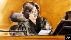 FILE - In this courtroom sketch, U.S. District Judge Kimba Wood presides over a federal court hearing where attorneys for President Donald Trump and Michael Cohen, then the president's personal attorney, tried to persuade the judge to delay prosecutors from examining records and electronic devices seized in raids on the ground that many of them were protected by attorney-client privilege, April 16, 2018, in New York.