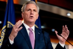 FILE - House Minority Leader Kevin McCarthy of California speaks during his weekly press briefing on Capitol Hill in Washington, April 22, 2021.