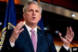 FILE - House Minority Leader Kevin McCarthy of California speaks at a press briefing on Capitol Hill in Washington, April 22, 2021.