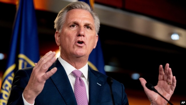 FILE - House Minority Leader Kevin McCarthy of Calif., speaks during his weekly press briefing on Capitol Hill in Washington.