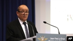 Franch Defense Minister Jean-Yves Le Drian speaks during a press conference, in Paris, Saturday, Jan. 12, 2013. Le Drian said hundreds of French troops are involved in an operation that destroyed a command center of Islamic rebels in Mali. (AP Photo/Thiba