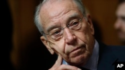 FILE - Sen. Charles Grassley of Iowa is pictured at a committee meeting on Capitol Hill in Washington, Sept, 28, 2018.