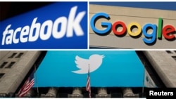 FILE - Facebook, Google and Twitter logos are seen in this combination photo.
