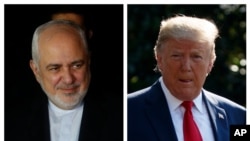 In the combination photo, Iran's Foreign Minister Mohammad Javad Zarif, left, arrives in Santa Cruz, Bolivia, July 23, 2019; President Donald Trump walks across the South Lawn of the White House, July 30, 2019.